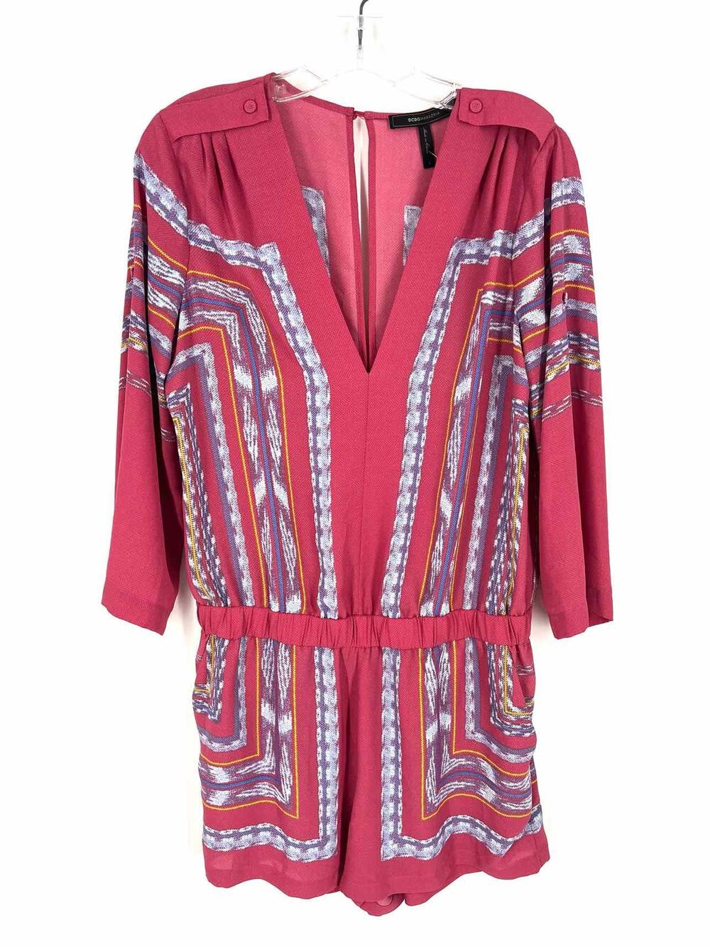 BCBGMaxazria Size S Pink/Multi Print Cinched Designer Romper